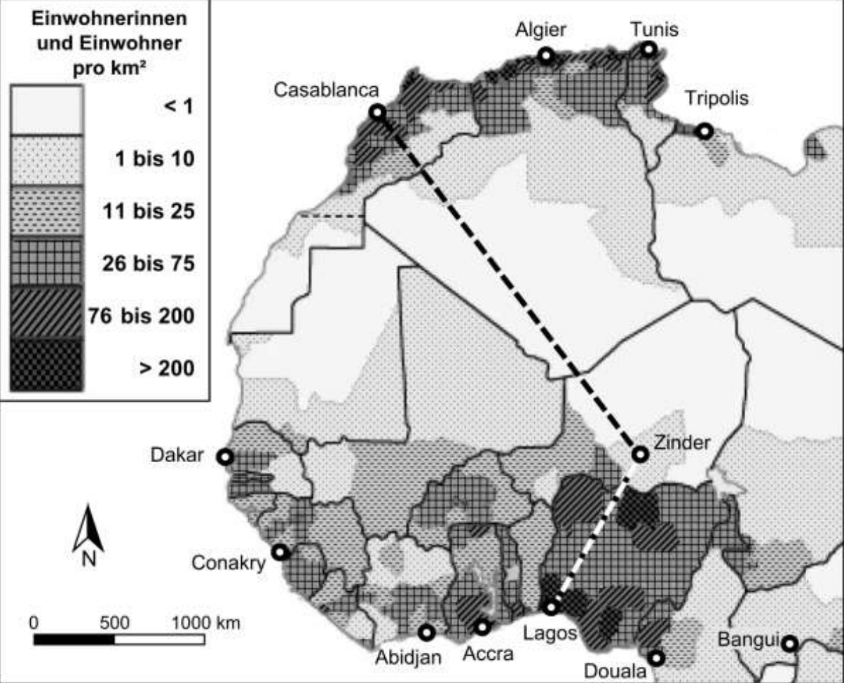 Schwarzweißkarte Nord- und Westafrika mit Bevölkerungsdichte, Legende und markierten Städten.
